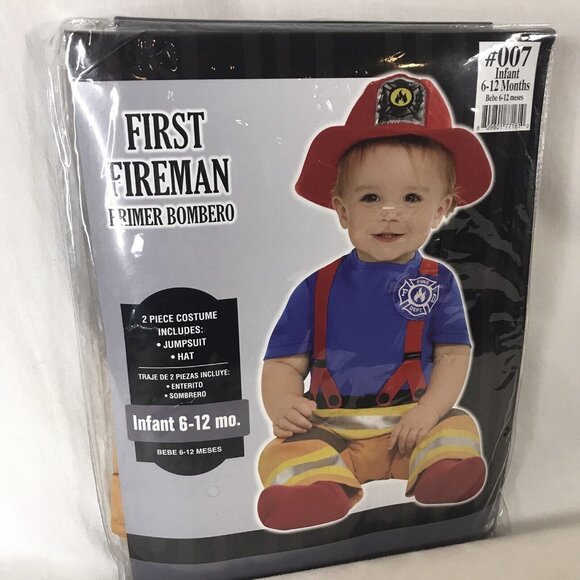 First Fireman Costume Dept Chief Firefighter Halloween Baby Infant Jumpsuit Hat - Picture 1 of 9